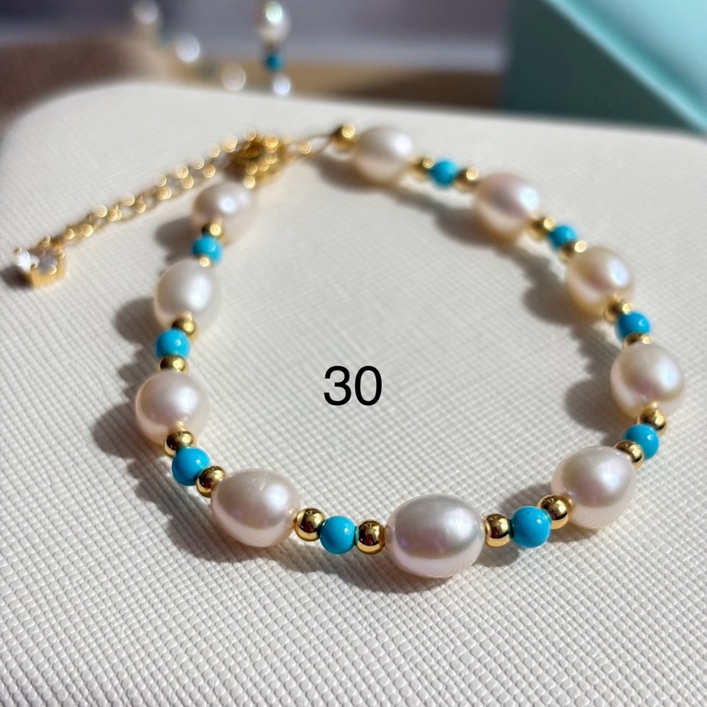Freshwater Pearl with Natural Turquoise Beads Bracelet with Gold Chain
